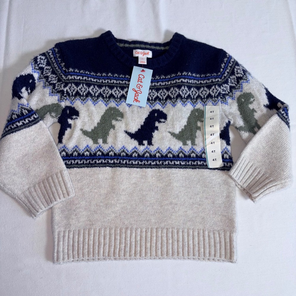 Cat & Jack Dinosaur Fair Isle Sweater 4T Beige Navy NEW Kids Crewneck Pullover